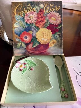 Carlton Ware made in England Pale Green Leaf Dish with Spoon - Floral Accent